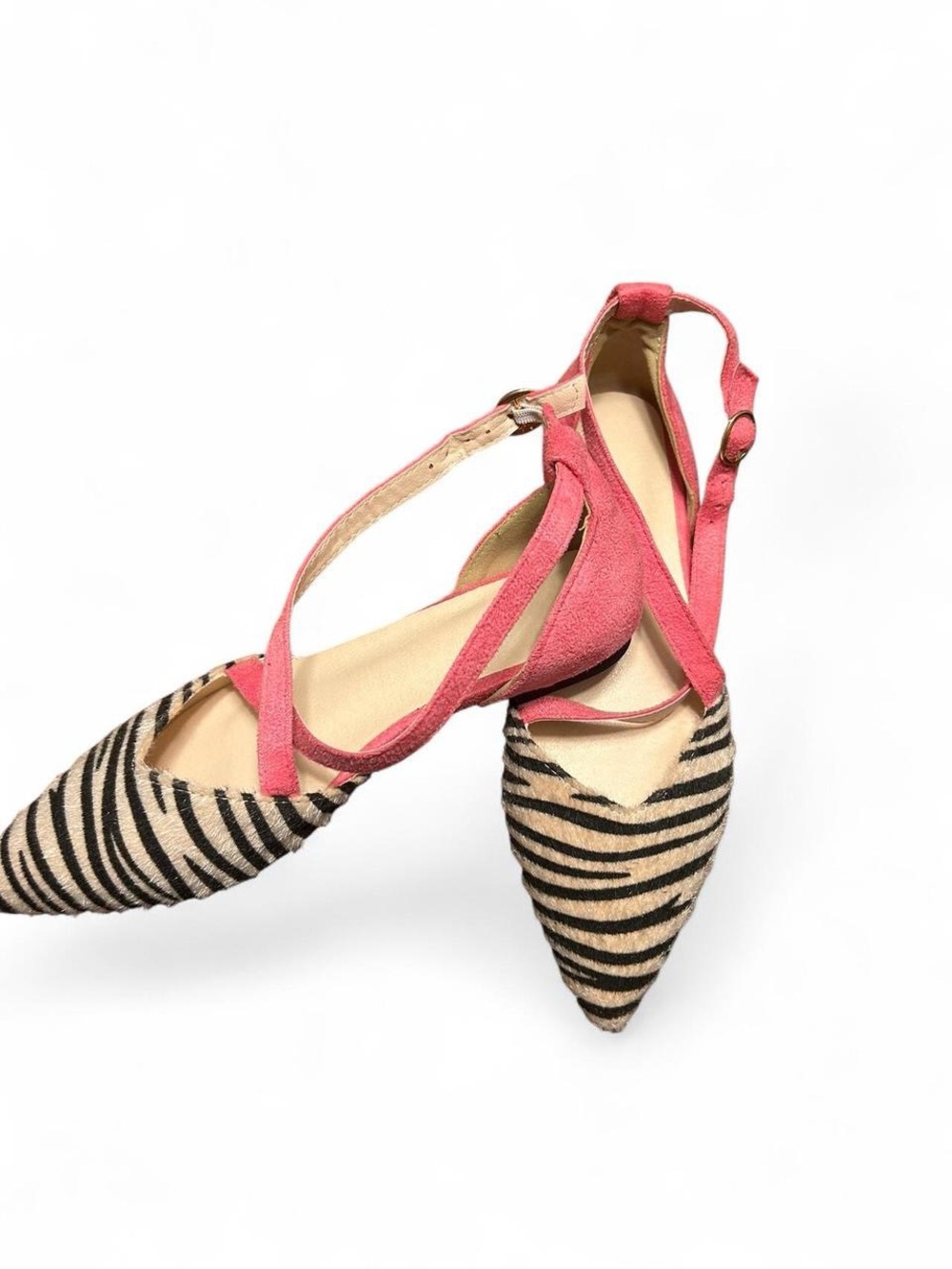 Womens Pink Strappy Pointed Zebra-Print Flats 35/4.5